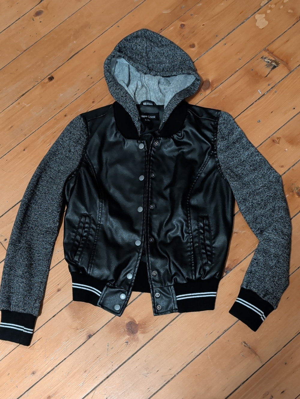 New Look Black Faux Leather Bomber Jacket with Grey Knit Hood & Sleeves